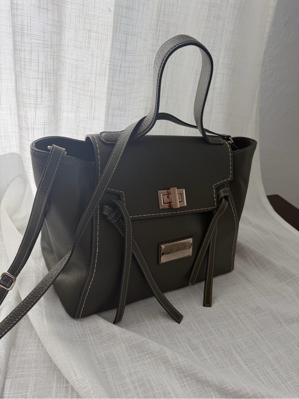Mario Valentino Milano Olive Pebbled Leather Tote Crossbody Bag - Picture 4 of 7